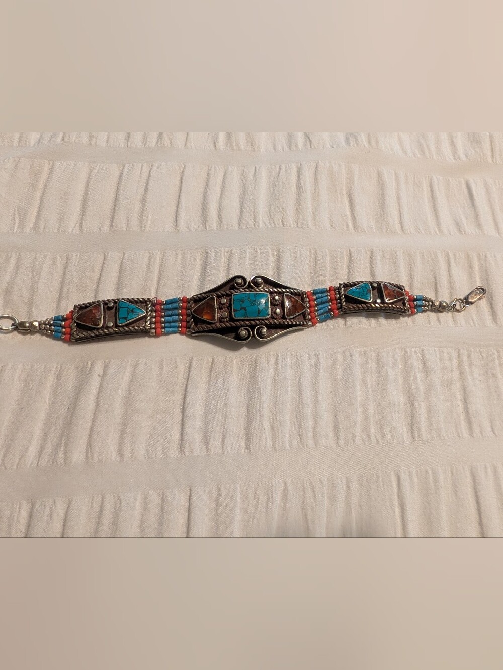 Turquoise and Coral Inlay Sterling-Style Bracelet